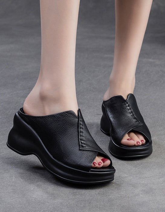 Soft Leather Stitch Open Toe Wedge Slippers
