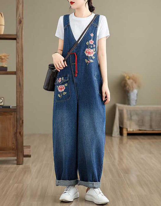 Spring Loose Casual Denim Embroidery Jumpsuit