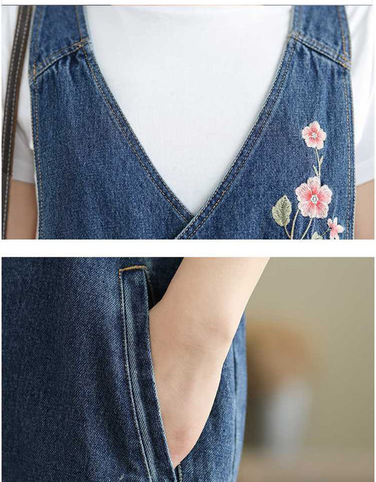 Spring Loose Casual Denim Embroidery Jumpsuit