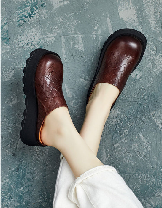 Chaussons rétro en cuir à semelle souple et à tête ronde