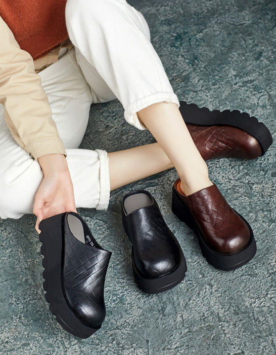 Chaussons rétro en cuir à semelle souple et à tête ronde