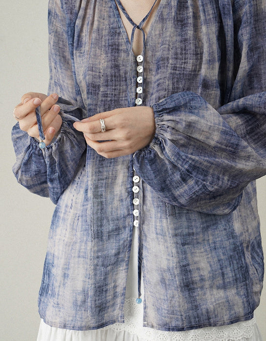 Summer Dyed V-neck Long Sleeve Linen Shirt