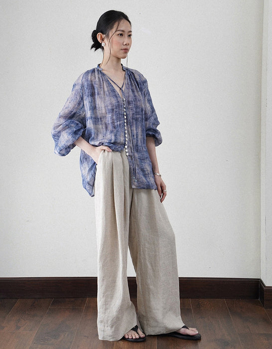 Summer Dyed V-neck Long Sleeve Linen Shirt