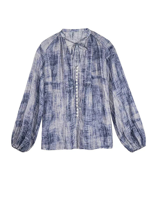 Summer Dyed V-neck Long Sleeve Linen Shirt