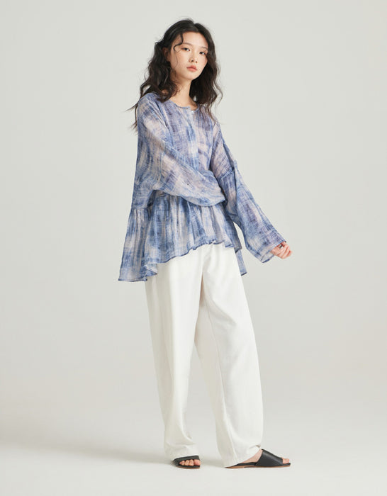 Summer Ramie Dyed Round Neck Long Sleeve Shirt