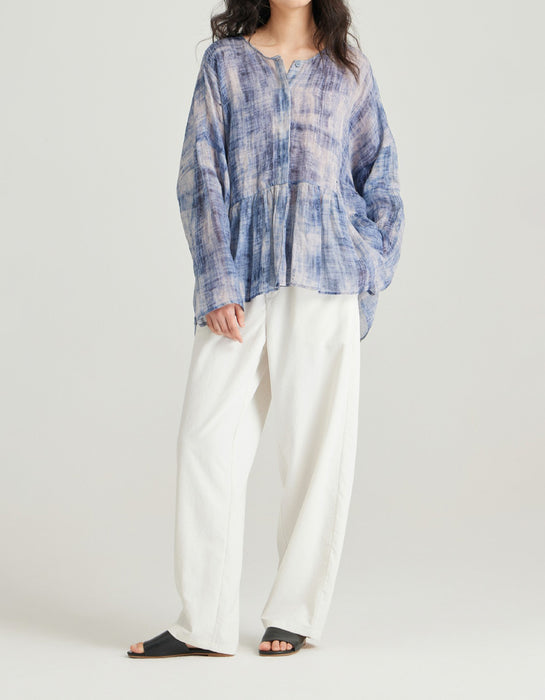 Summer Ramie Dyed Round Neck Long Sleeve Shirt