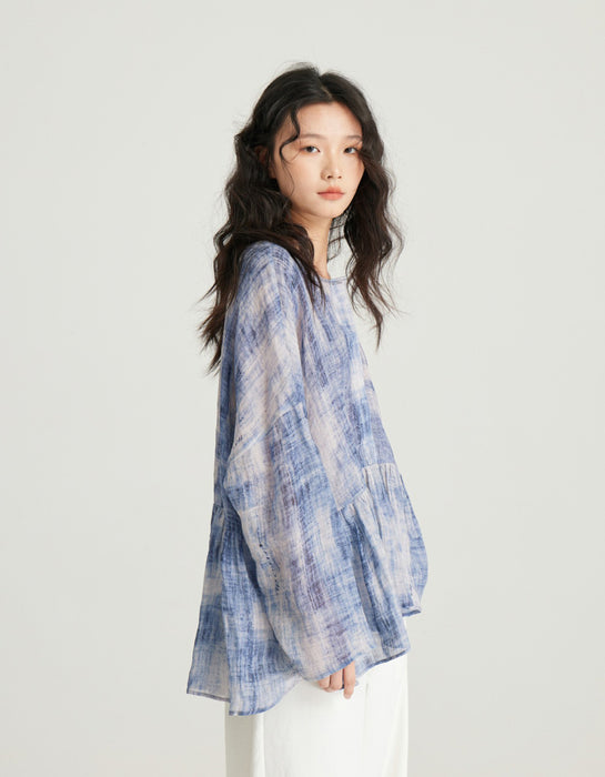 Summer Ramie Dyed Round Neck Long Sleeve Shirt