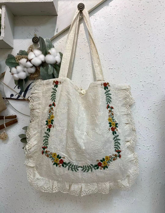 Women's Ruffle Linen Embroidery Shoulder Bag