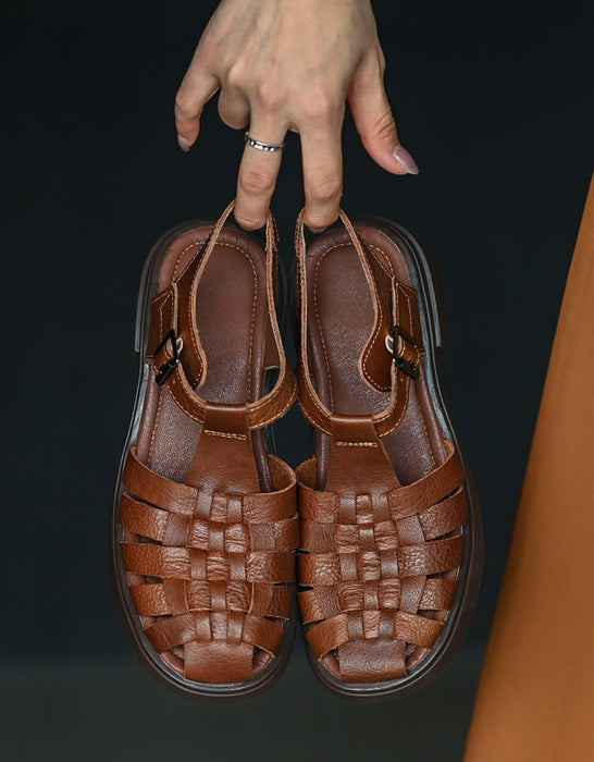 Vintage Leather Woven Flat Sandals Slingback