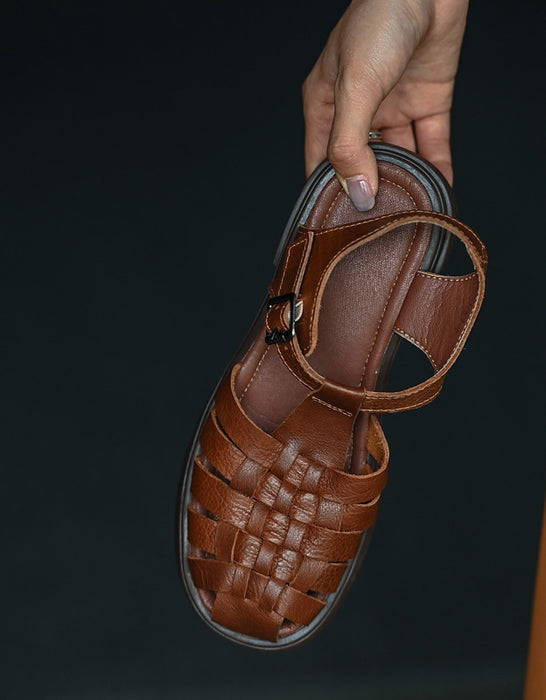 Vintage Leather Woven Flat Sandals Slingback