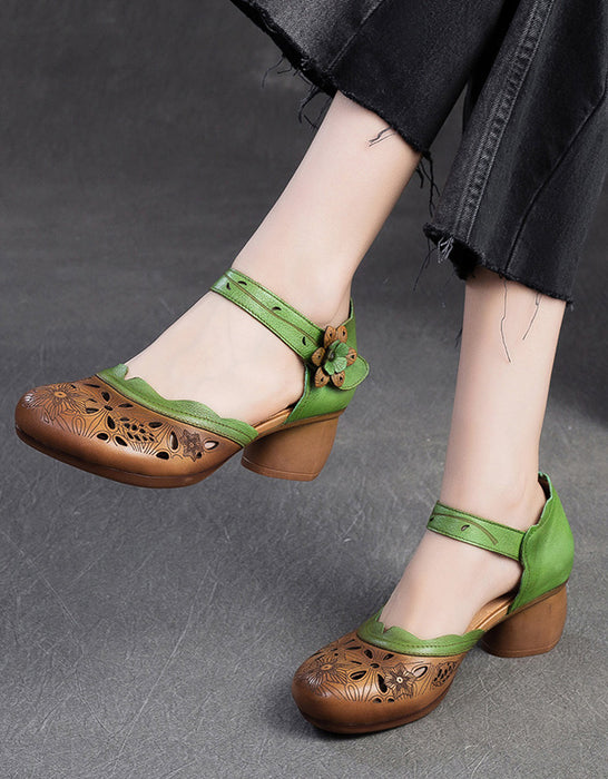 Leather Hand-Carved Flowers Hollow Chunky Heel Sandals