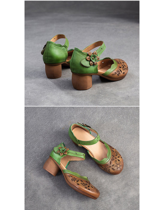 Leather Hand-Carved Flowers Hollow Chunky Heel Sandals