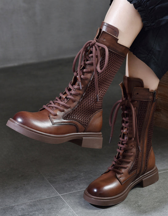 Handmade Lace-up Long Leather Boots for Summer