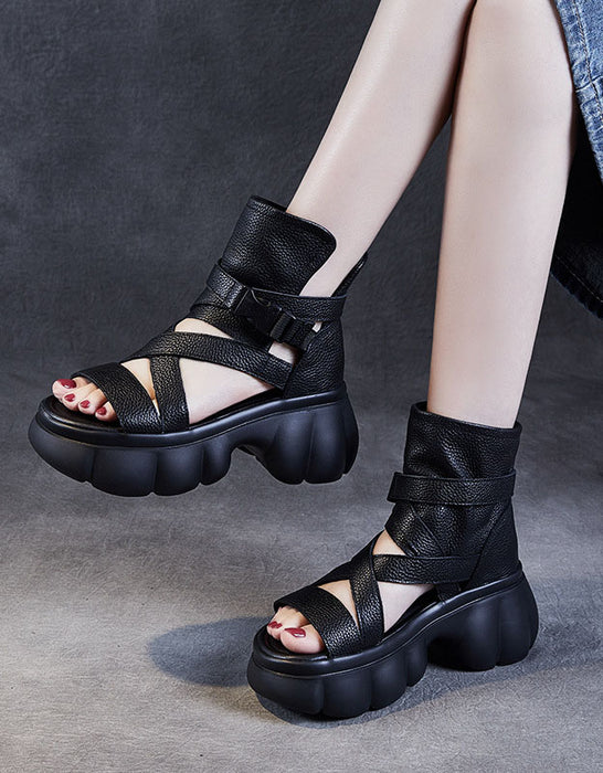 Open Toe Comfortable Leather Straps Platform Sandals