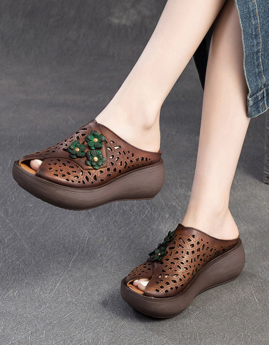 Summer Fish Toe Hollow Leather Retro Wedge Slippers