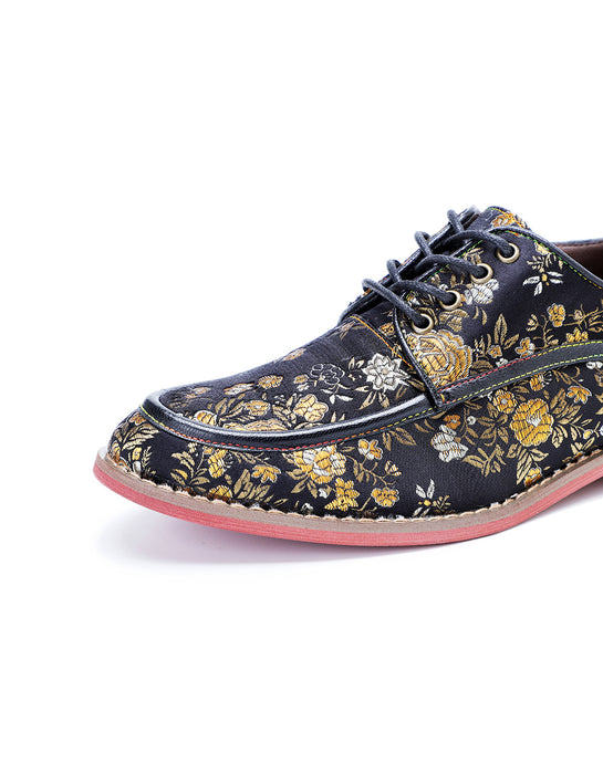 Hand-brushed  Leather Printed Vintage Floral Oxford Shoes