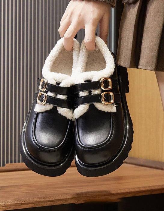 Double Buckle Winter Mary Jane Shoes with Fur