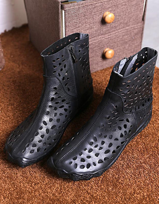 Retro Leather Wide Toe Box Hollow Sandals Boots