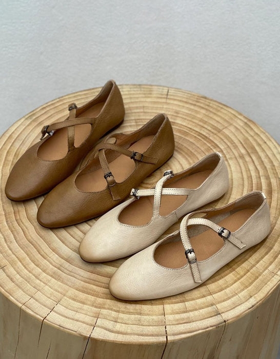 [Clearance]Soft Leather Pointed Toe Cross Strap Retro Flat Shoes 37