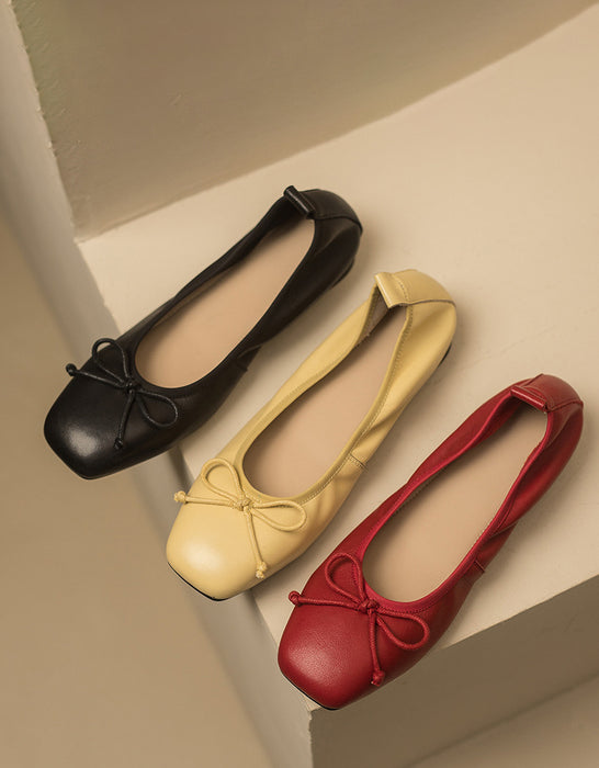 Sheepskin Square Toe Bowknot Flat Shoes