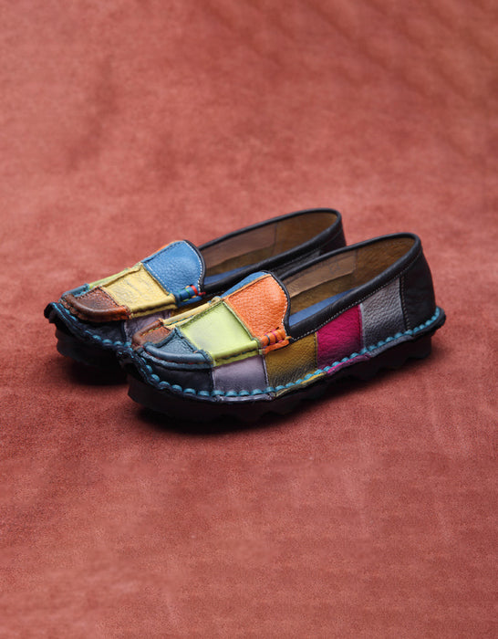 Color Plaid Round Head Handmade Retro Leather Loafers 35-43