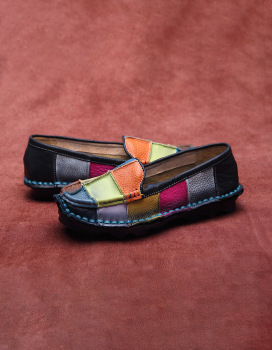 Color Plaid Round Head Handmade Retro Leather Loafers 35-43