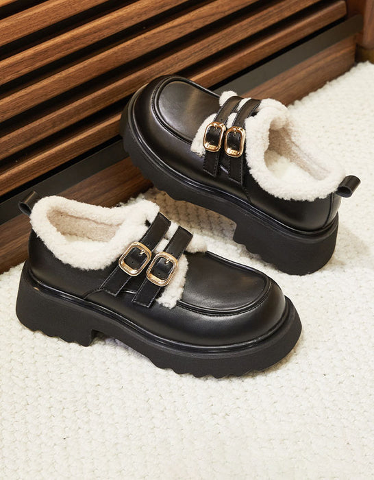 Double Buckle Winter Mary Jane Shoes with Fur