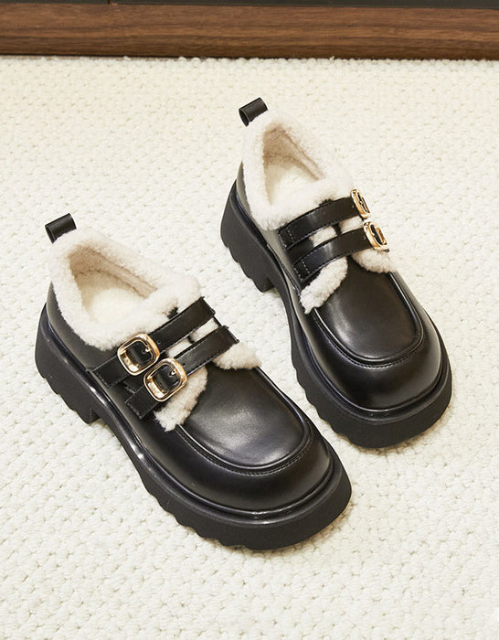 Double Buckle Winter Mary Jane Shoes with Fur