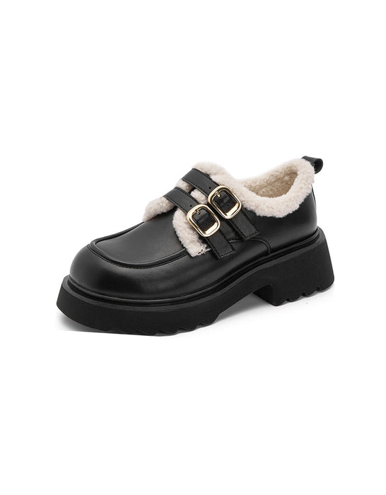 Double Buckle Winter Mary Jane Shoes with Fur