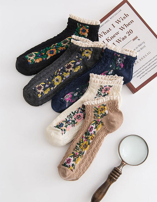 5 Pairs Women's Vintage Floral Cotton Socks — Obiono
