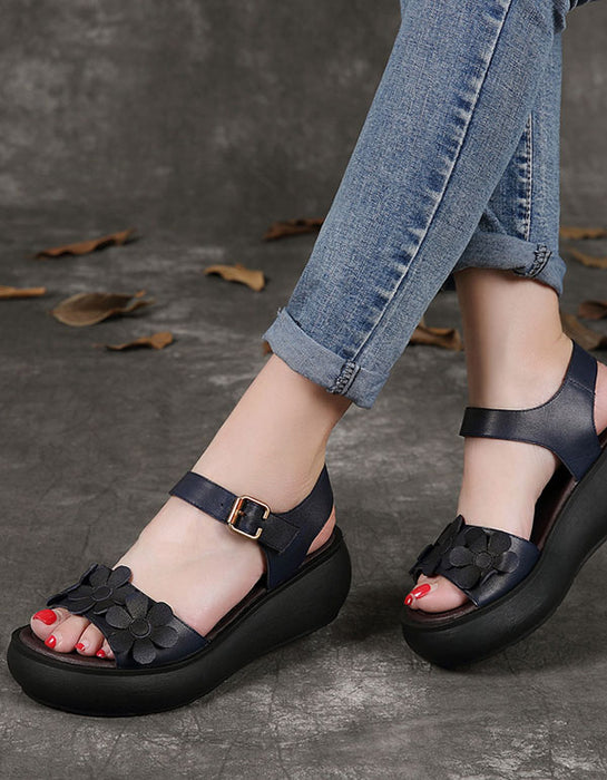 Leather Retro Flower Comfortable Wedge Sandals — Obiono