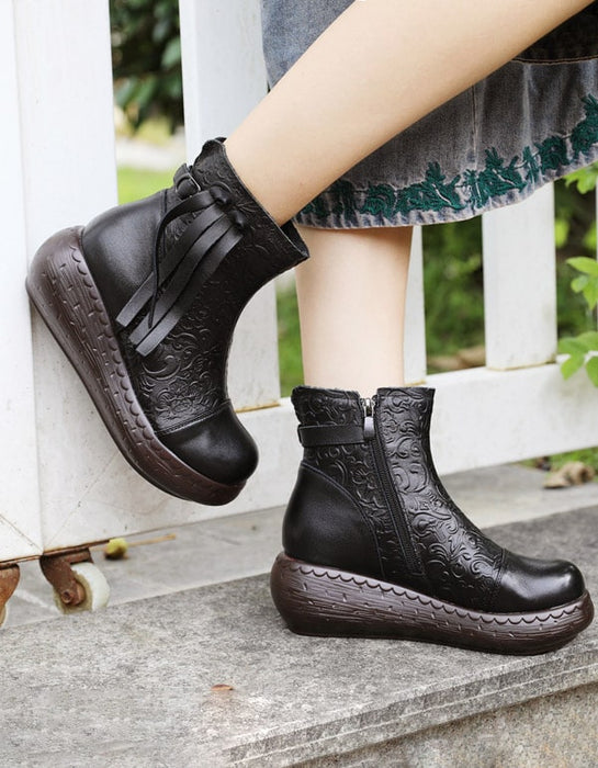 Embossing Handmade Leather Retro Ankle Wedge Boots — Obiono