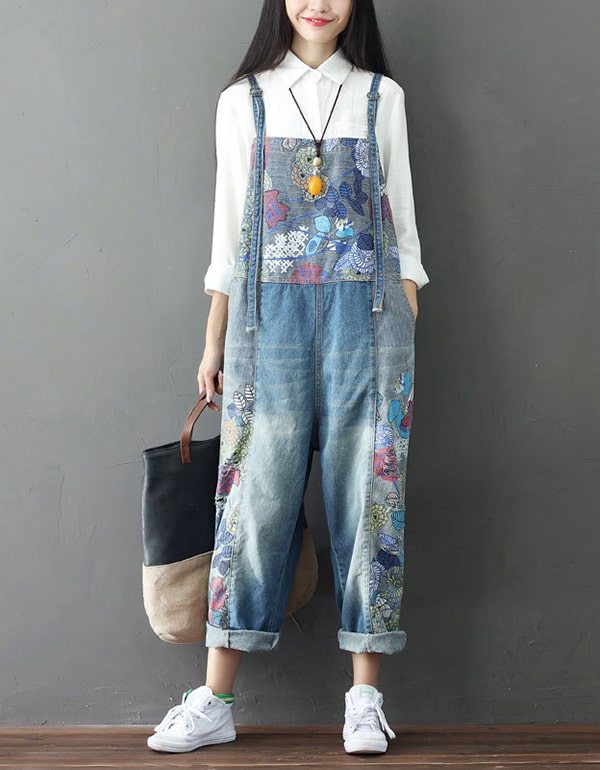 Flower Printed Denim Overalls Loose Retro Jumpsuit — Obiono