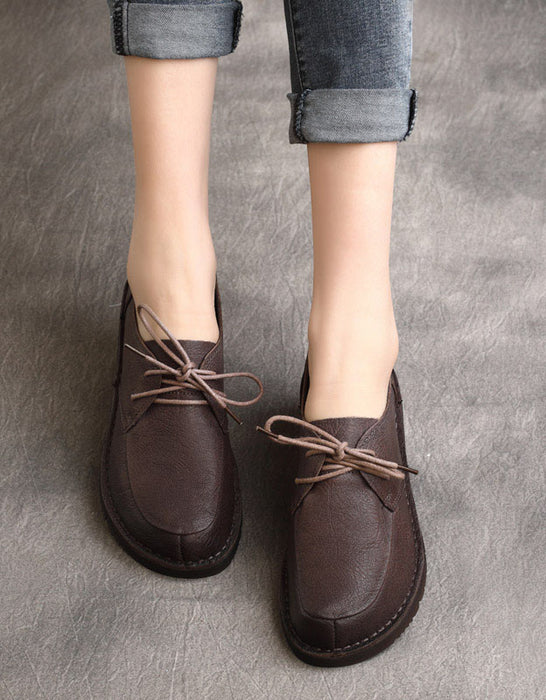 Handmade Soft Leather Lace-up Retro Flat Shoes — Obiono