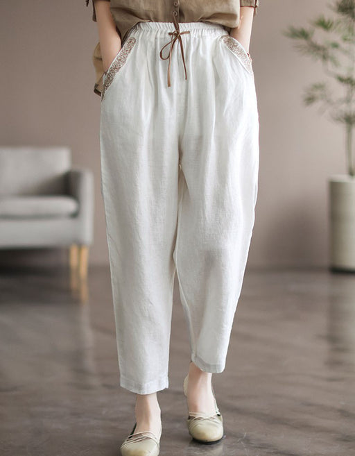 Loose-fitting flapper pants with elastic waist linen straight trousers  slimming J091