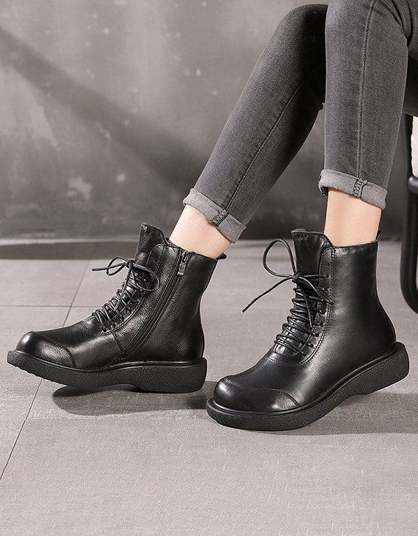 Retro Leather Handmade Lace-up Ankle Boots — Obiono