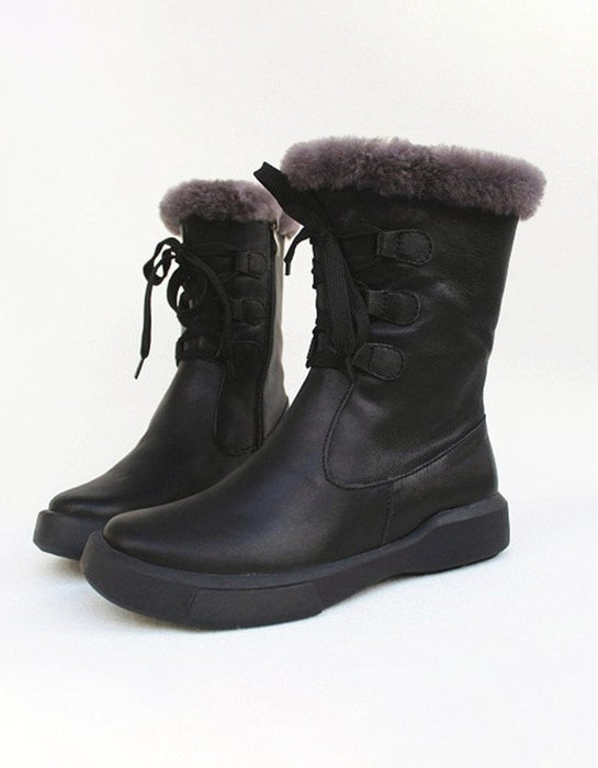 OBIONO Retro Leather Winter Fur Boots Black — Obiono