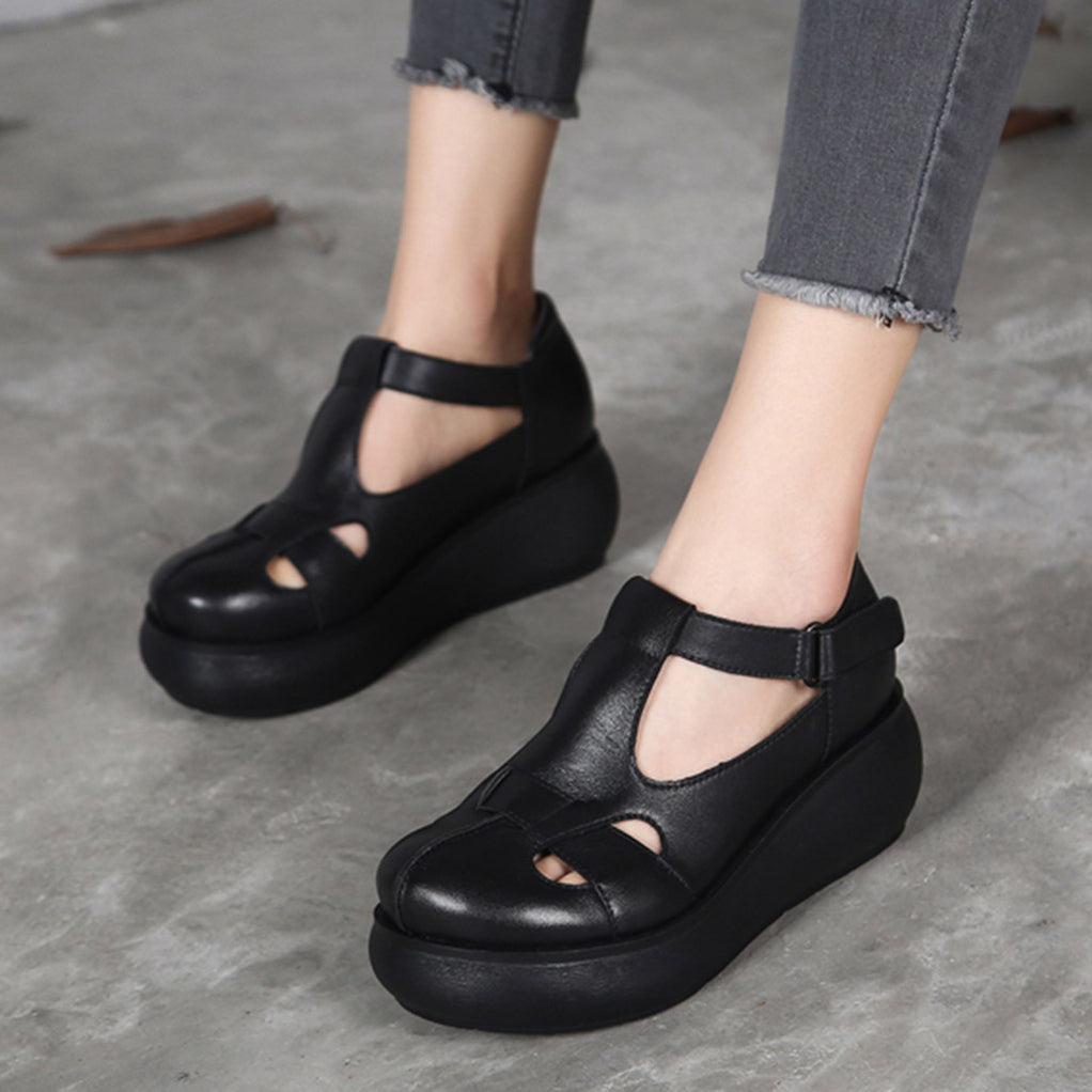 Handmade Retro Leather T-strap Wedge Sandals — Obiono