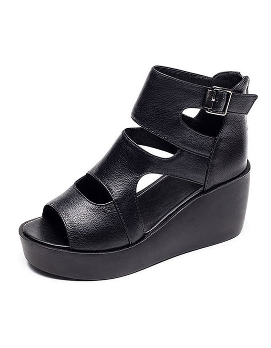 Summer Leather Open Toe Black Wedge Sandals — Obiono