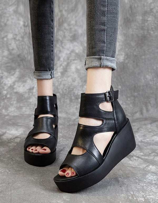 Summer Leather Open Toe Black Wedge Sandals — Obiono