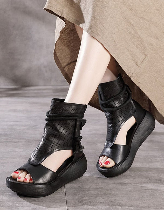Summer Open Toe Side Hollow Leather Sandals — Obiono