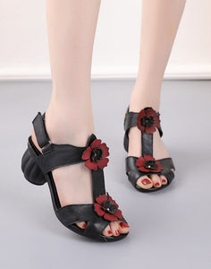 Summer Retro Leather Flower Chunky Heels — Obiono