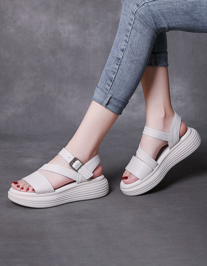 Thick Heel Cut-out Retro White Sandals — Obiono