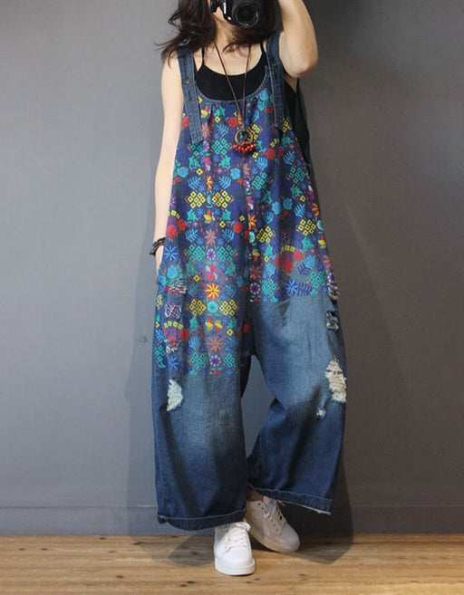Embroidery Wide Leg Denim Overalls Loose Retro Jumpsuit — Obiono
