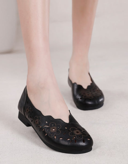 Women Spring Retro Leather Flats Black — Obiono
