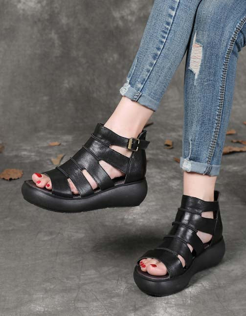 Women's Retro Leather Ankle Strap Sandals Black — Obiono