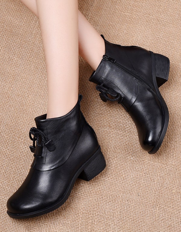 Women's Retro Leather Chunky Ankle Boots — Obiono