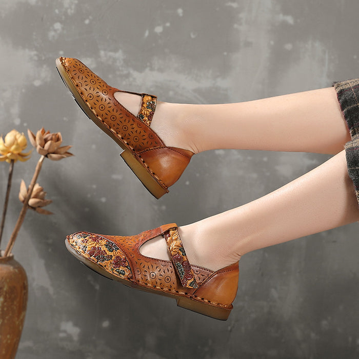 Handmade Leather Printed Women Retro Flat Shoes