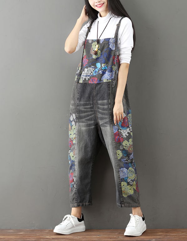 Flower Printed Denim Overalls Loose Retro Jumpsuit — Obiono